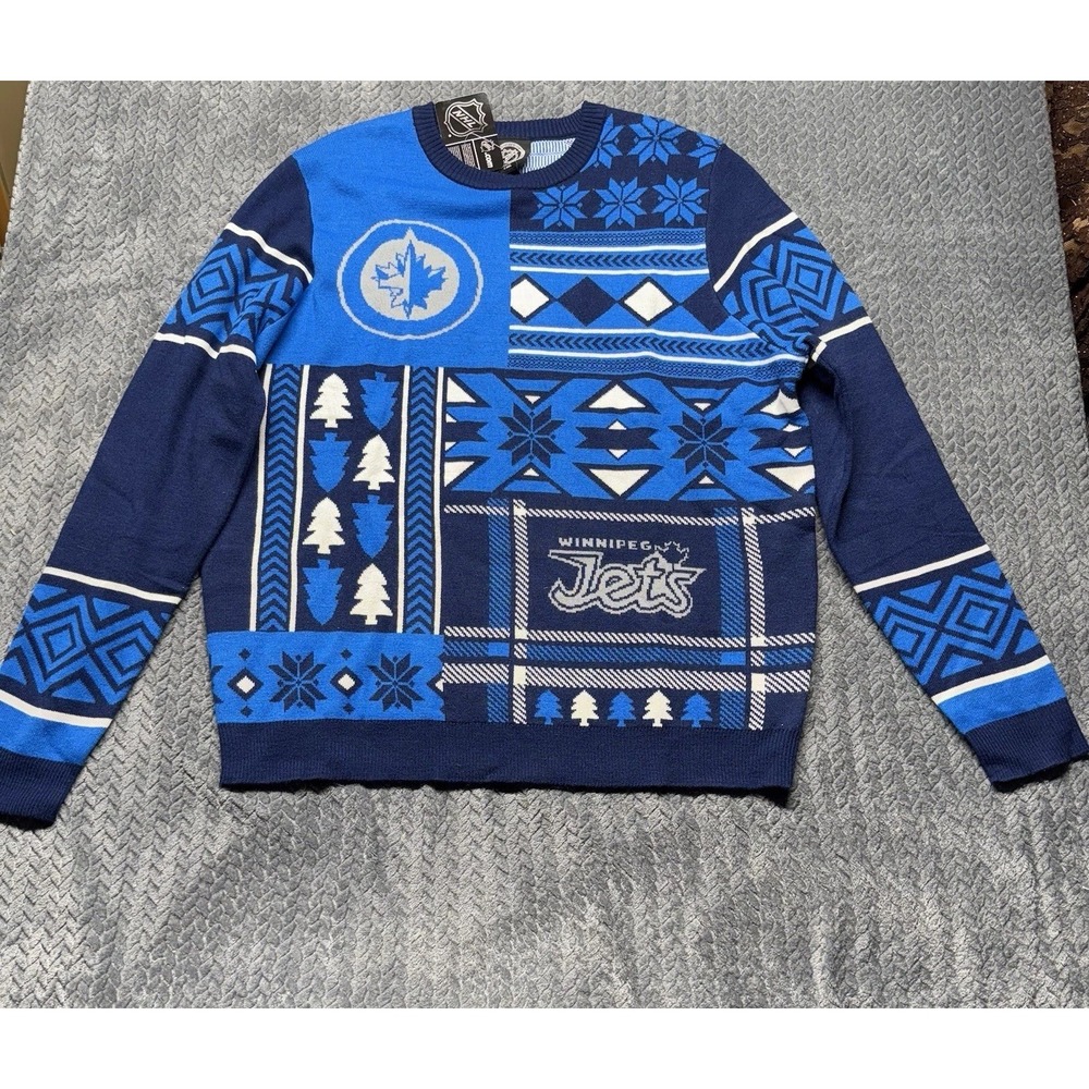 Winnipeg Jets NHL Ugly Christmas Sweater Men's XL‎ Blue Fair Isle Canada NEW